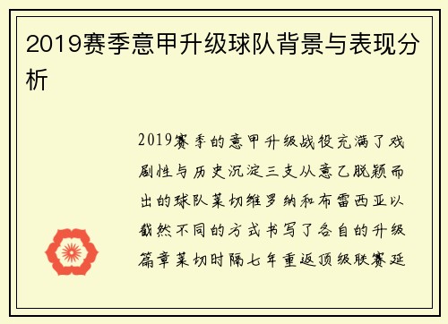 2019赛季意甲升级球队背景与表现分析