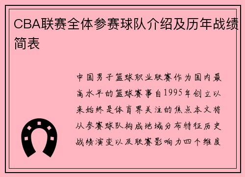 CBA联赛全体参赛球队介绍及历年战绩简表