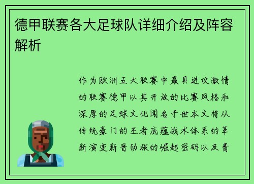 德甲联赛各大足球队详细介绍及阵容解析