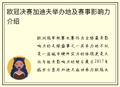 欧冠决赛加迪夫举办地及赛事影响力介绍